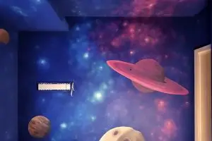 Mural galaksije sa planetama, zvezdama i Saturnom – oslikavanje zida u dečijoj sobi.