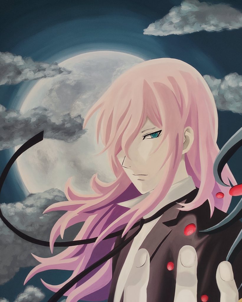 Detalj anime murala sa roze likom, mesecom i oblacima