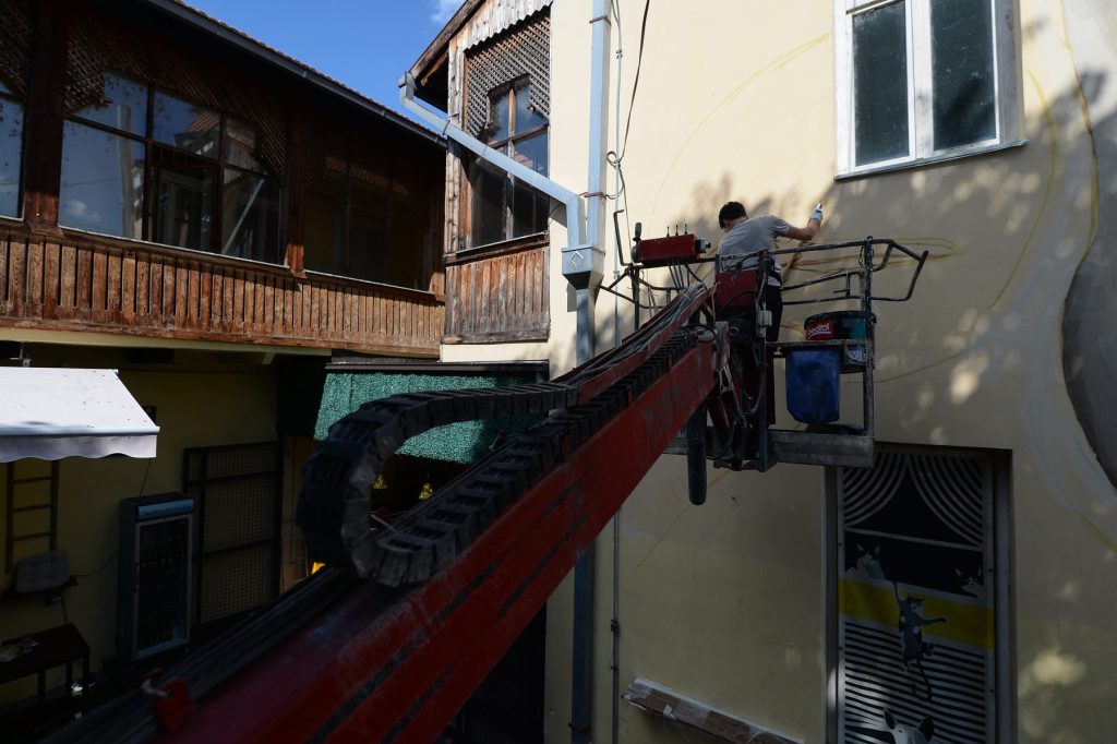 Proces izrade murala sa čapljama na fasadi u Zaječaru